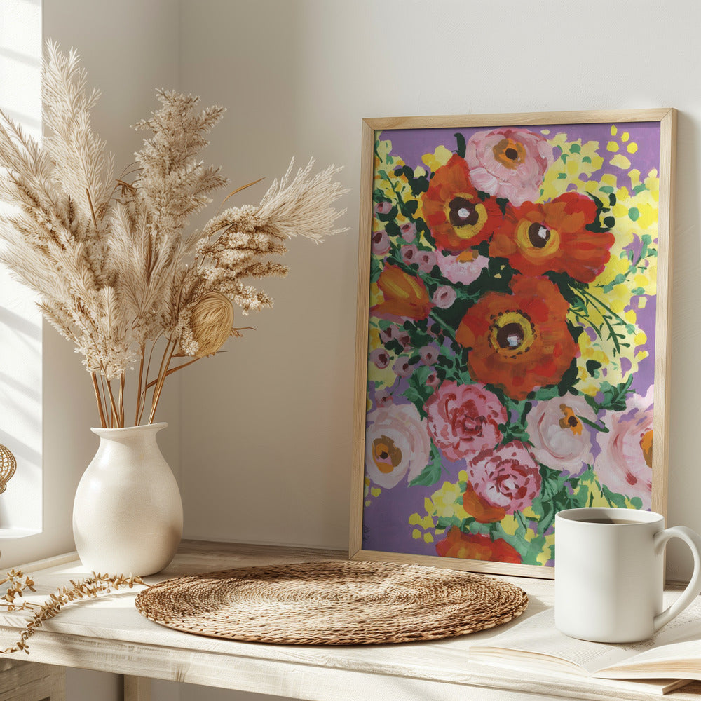 Red And Pink Bouquet On Violet - Stretched Canvas, Poster or Fine Art Print I Heart Wall Art