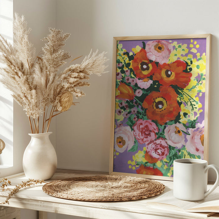 Red And Pink Bouquet On Violet - Stretched Canvas, Poster or Fine Art Print I Heart Wall Art
