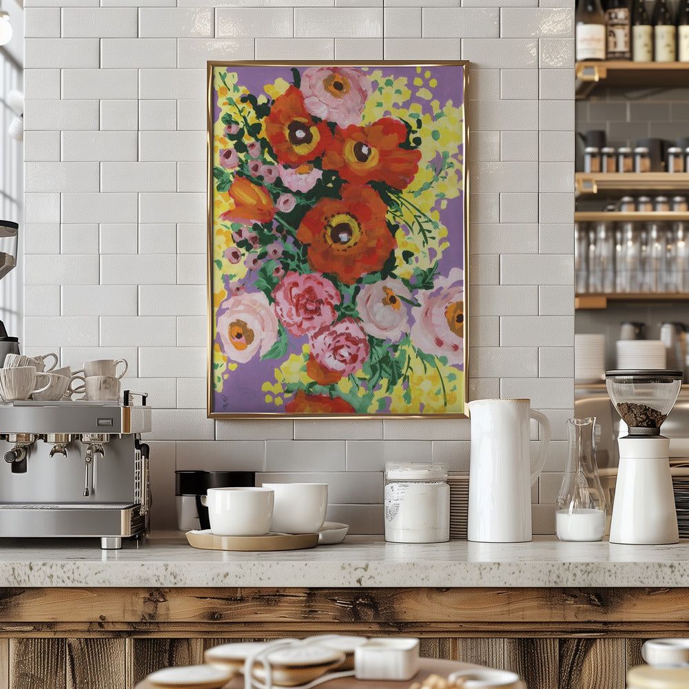 Red And Pink Bouquet On Violet - Stretched Canvas, Poster or Fine Art Print I Heart Wall Art