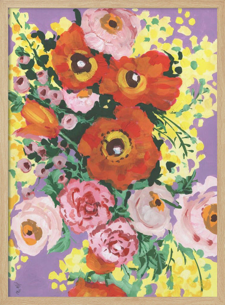 Red And Pink Bouquet On Violet - Stretched Canvas, Poster or Fine Art Print I Heart Wall Art