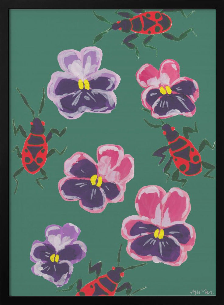 Red Bugs And Pansies - Stretched Canvas, Poster or Fine Art Print I Heart Wall Art
