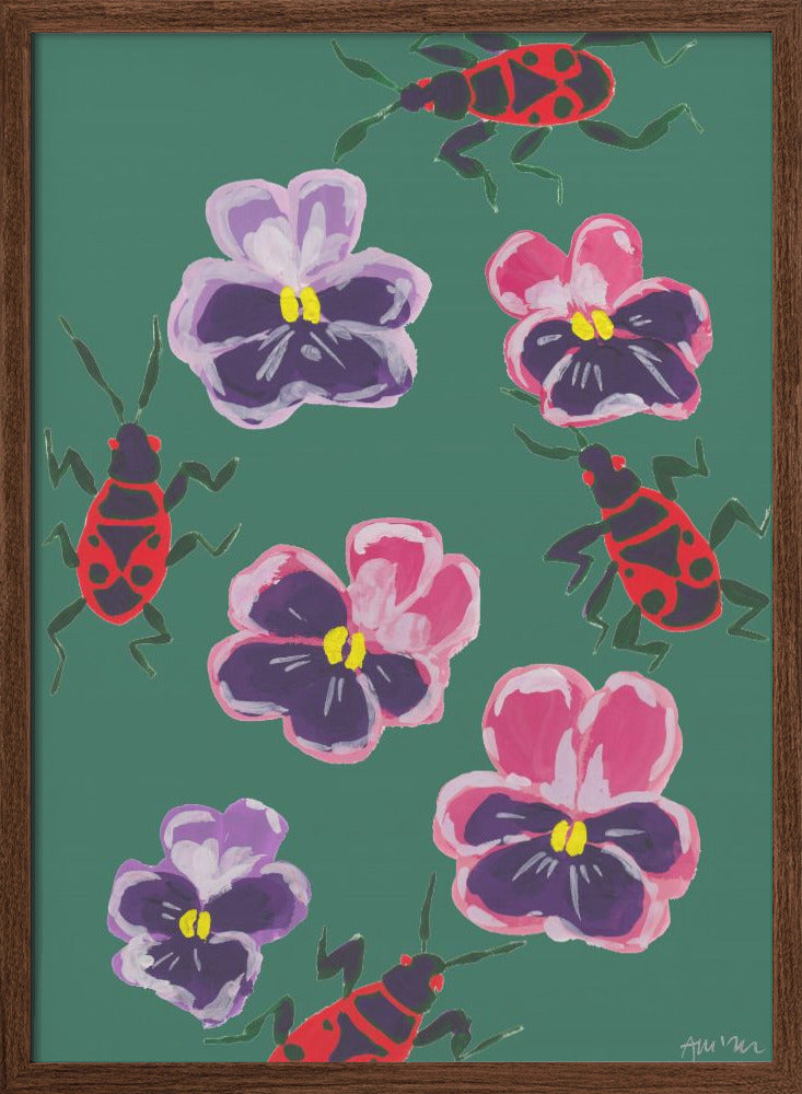 Red Bugs And Pansies - Stretched Canvas, Poster or Fine Art Print I Heart Wall Art