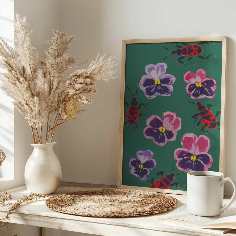 Red Bugs And Pansies - Stretched Canvas, Poster or Fine Art Print I Heart Wall Art