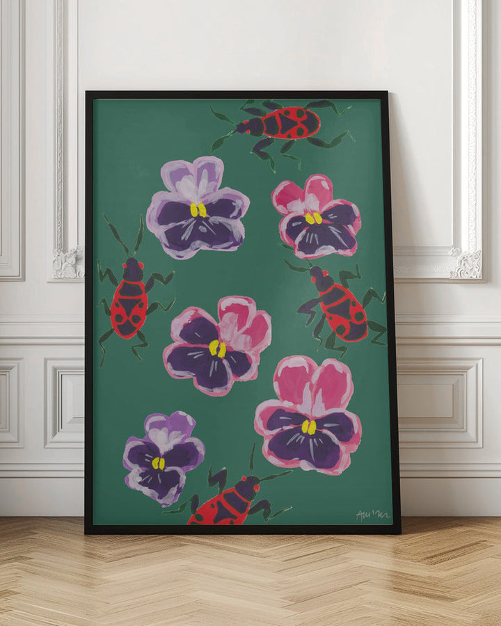 Red Bugs And Pansies - Stretched Canvas, Poster or Fine Art Print I Heart Wall Art