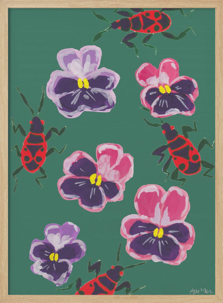 Red Bugs And Pansies - Stretched Canvas, Poster or Fine Art Print I Heart Wall Art