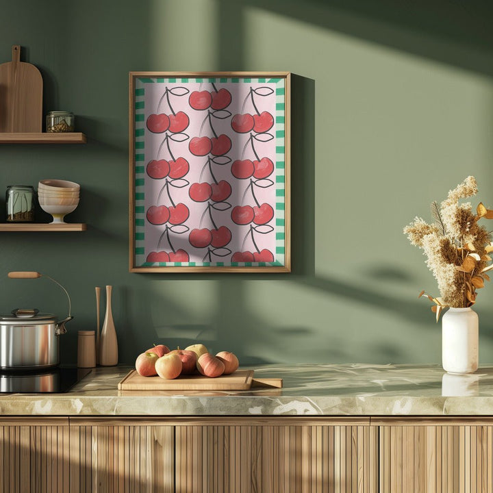 Red Cherries on a Pink - Stretched Canvas, Poster or Fine Art Print - I Heart Wall Art - Poster Print, Canvas Print or Framed Art Print