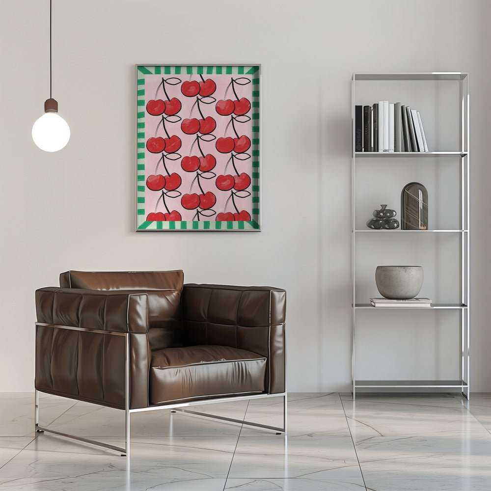 Red Cherries on a Pink - Stretched Canvas, Poster or Fine Art Print - I Heart Wall Art - Poster Print, Canvas Print or Framed Art Print