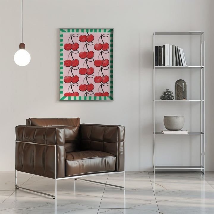 Red Cherries on a Pink - Stretched Canvas, Poster or Fine Art Print - I Heart Wall Art - Poster Print, Canvas Print or Framed Art Print