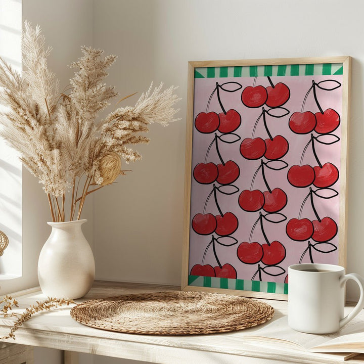 Red Cherries on a Pink - Stretched Canvas, Poster or Fine Art Print - I Heart Wall Art - Poster Print, Canvas Print or Framed Art Print