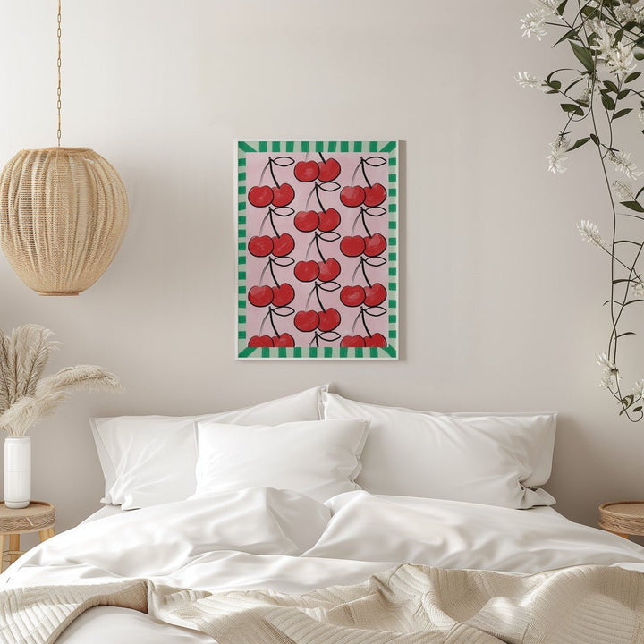 Red Cherries on a Pink - Stretched Canvas, Poster or Fine Art Print - I Heart Wall Art - Poster Print, Canvas Print or Framed Art Print