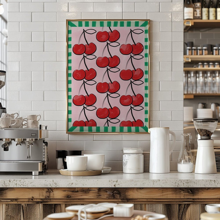 Red Cherries on a Pink - Stretched Canvas, Poster or Fine Art Print - I Heart Wall Art - Poster Print, Canvas Print or Framed Art Print