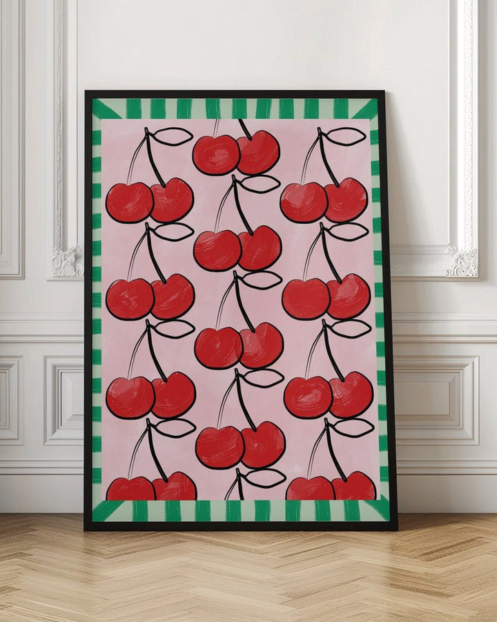 Red Cherries on a Pink - Stretched Canvas, Poster or Fine Art Print - I Heart Wall Art - Poster Print, Canvas Print or Framed Art Print