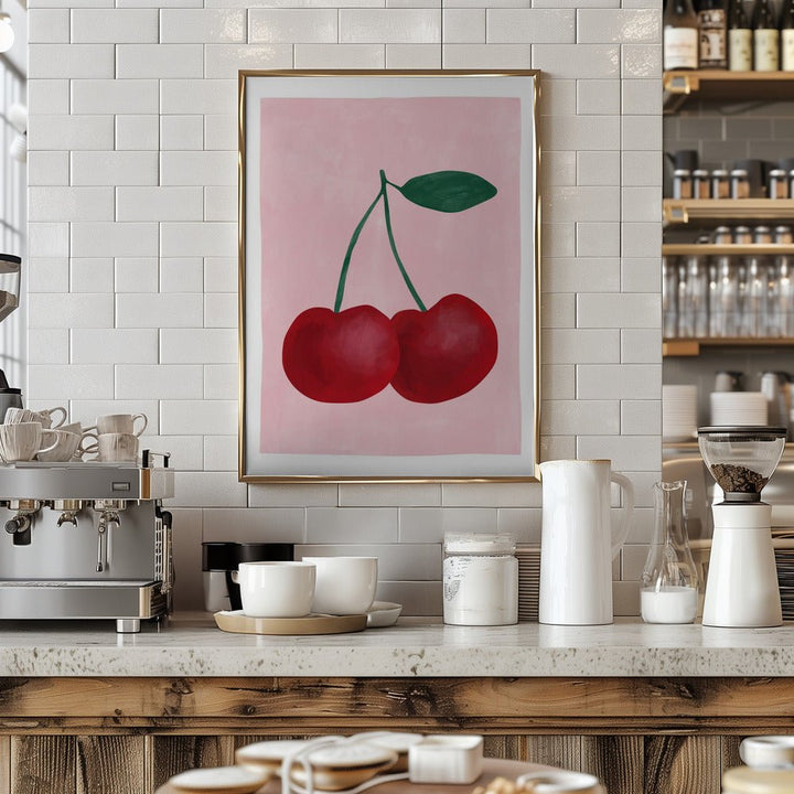 Red Cherries with a Green Leaf - Stretched Canvas, Poster or Fine Art Print - I Heart Wall Art - Poster Print, Canvas Print or Framed Art Print