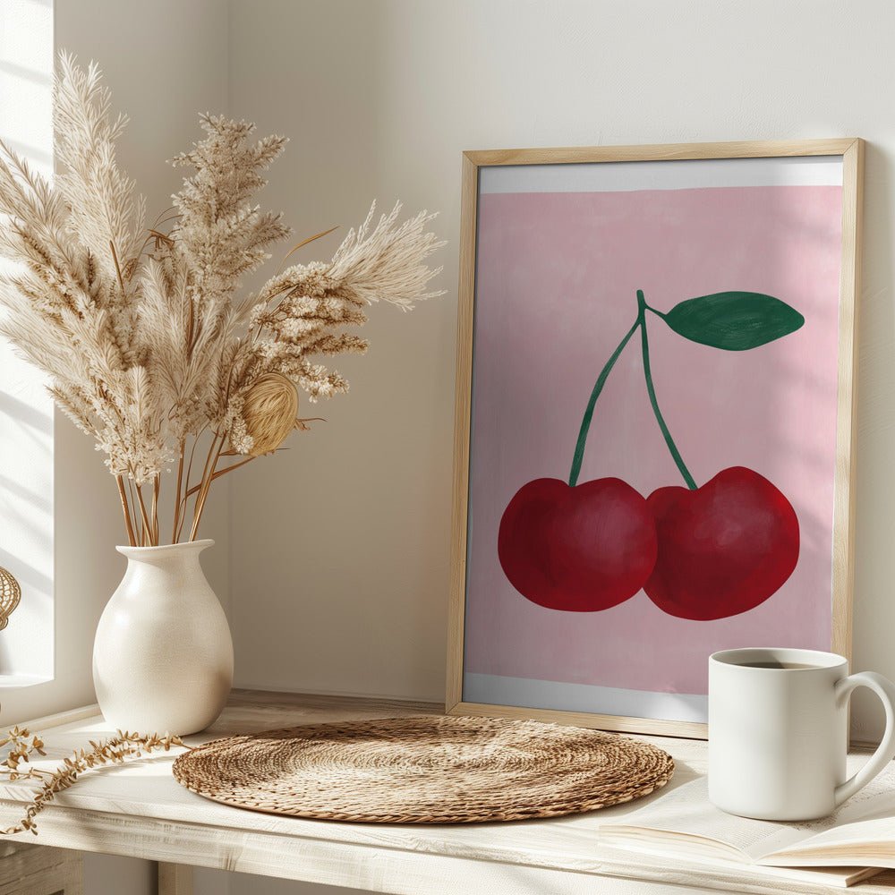Red Cherries with a Green Leaf - Stretched Canvas, Poster or Fine Art Print - I Heart Wall Art - Poster Print, Canvas Print or Framed Art Print