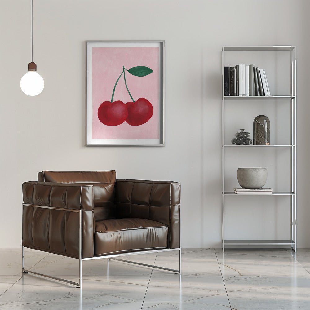 Red Cherries with a Green Leaf - Stretched Canvas, Poster or Fine Art Print - I Heart Wall Art - Poster Print, Canvas Print or Framed Art Print