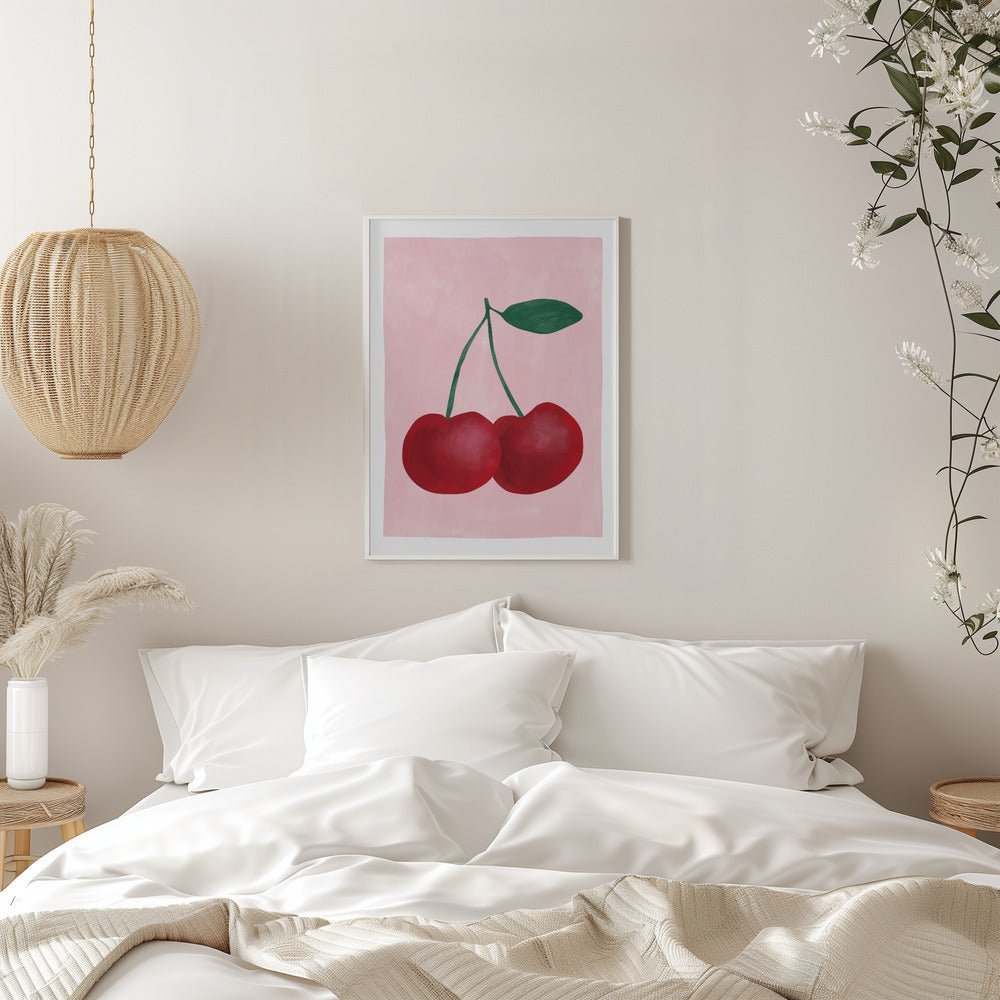 Red Cherries with a Green Leaf - Stretched Canvas, Poster or Fine Art Print - I Heart Wall Art - Poster Print, Canvas Print or Framed Art Print