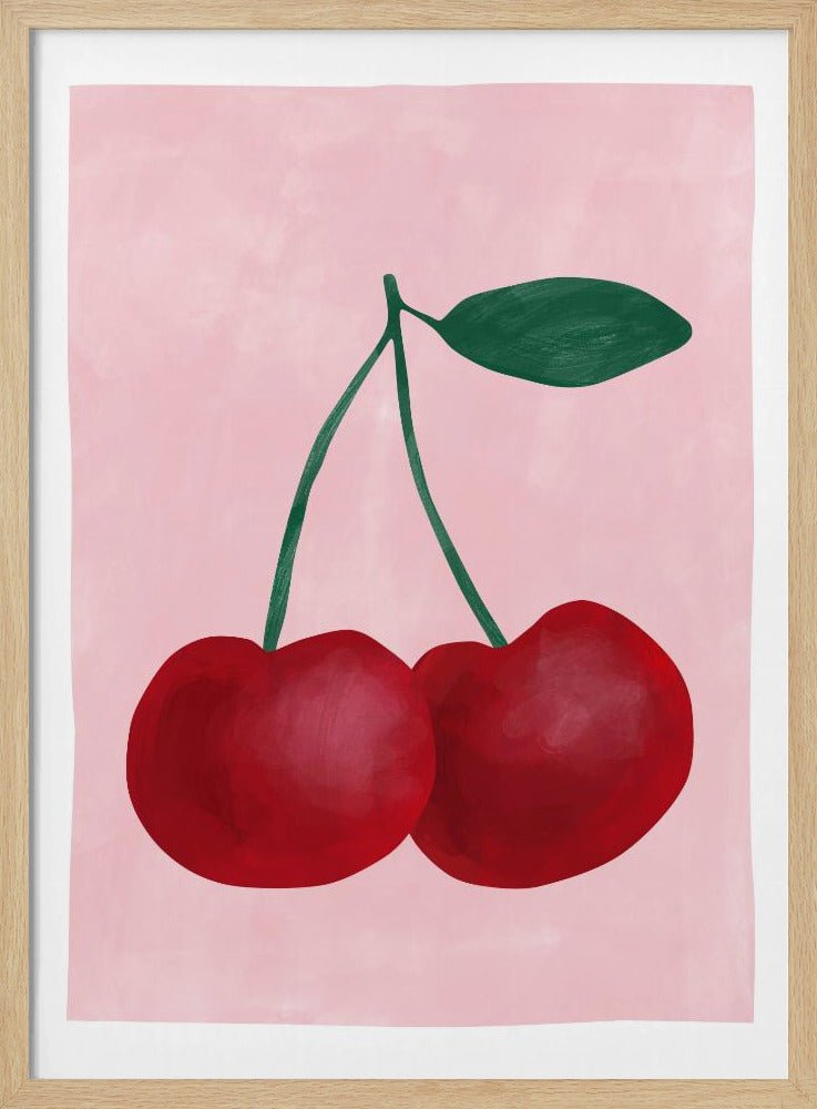 Red Cherries with a Green Leaf - Stretched Canvas, Poster or Fine Art Print - I Heart Wall Art - Poster Print, Canvas Print or Framed Art Print
