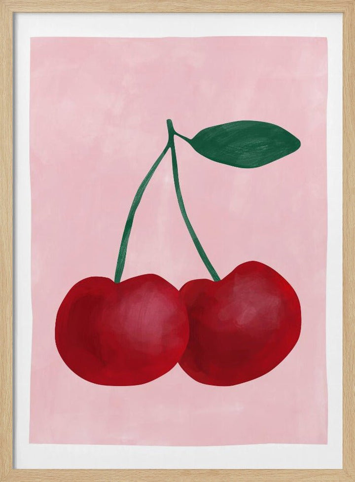 Red Cherries with a Green Leaf - Stretched Canvas, Poster or Fine Art Print - I Heart Wall Art - Poster Print, Canvas Print or Framed Art Print
