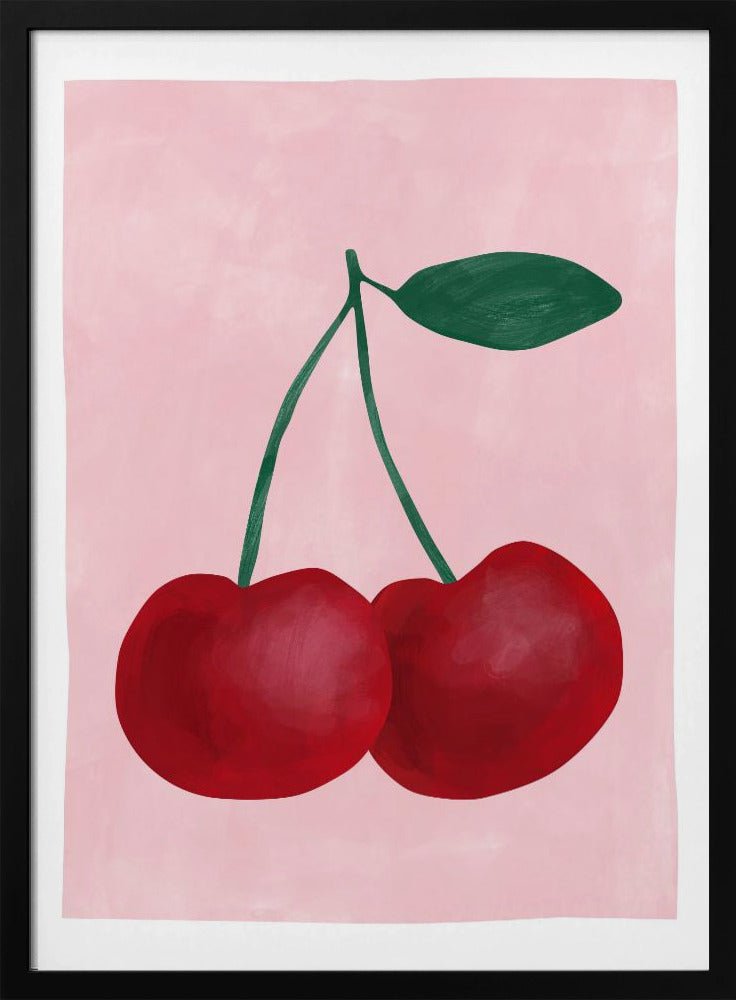 Red Cherries with a Green Leaf - Stretched Canvas, Poster or Fine Art Print - I Heart Wall Art - Poster Print, Canvas Print or Framed Art Print