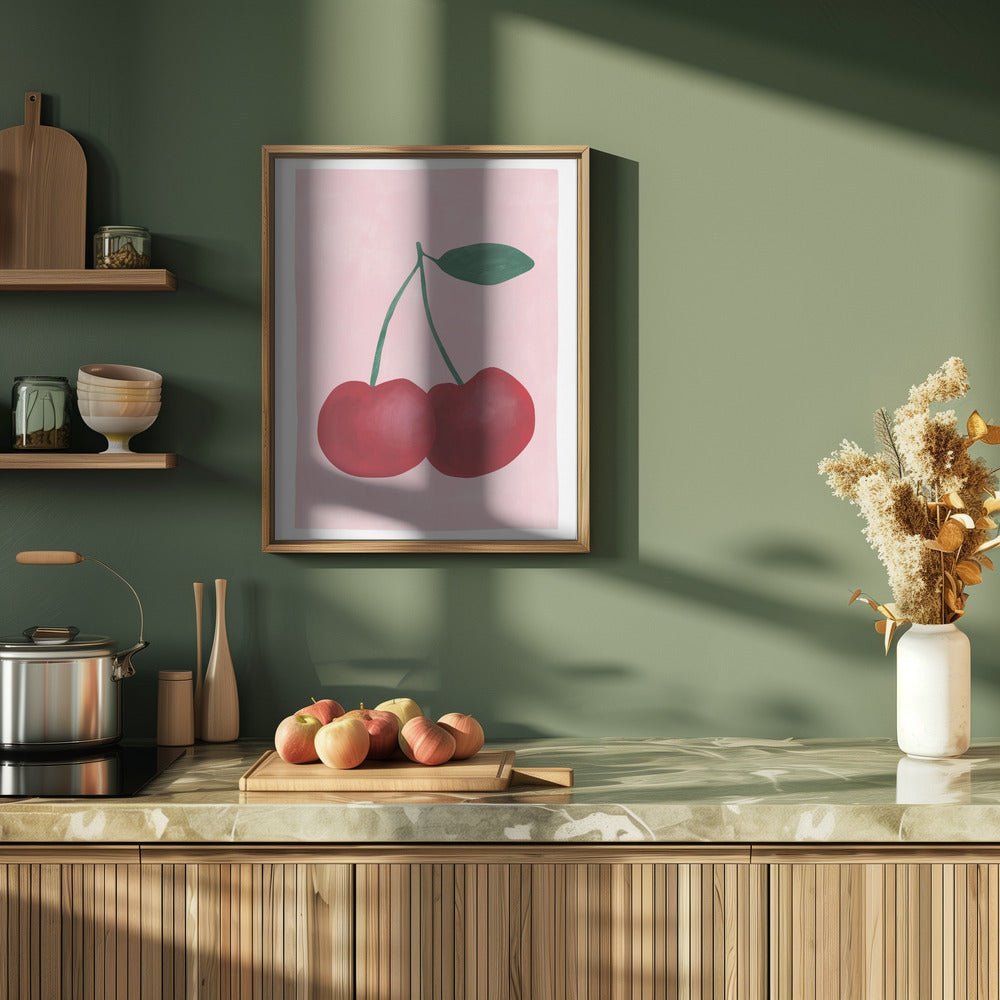 Red Cherries with a Green Leaf - Stretched Canvas, Poster or Fine Art Print - I Heart Wall Art - Poster Print, Canvas Print or Framed Art Print