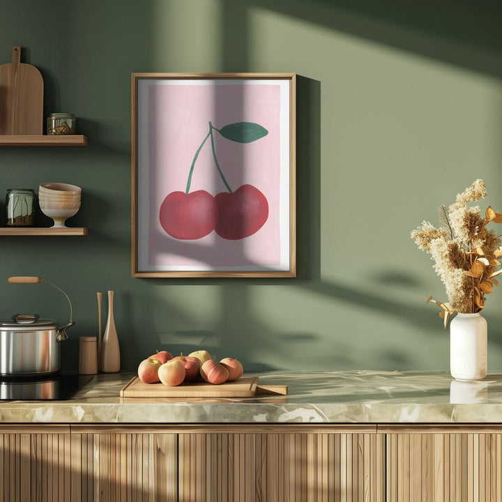 Red Cherries with a Green Leaf - Stretched Canvas, Poster or Fine Art Print - I Heart Wall Art - Poster Print, Canvas Print or Framed Art Print