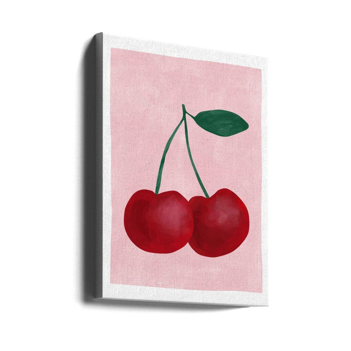 Red Cherries with a Green Leaf - Stretched Canvas, Poster or Fine Art Print - I Heart Wall Art - Poster Print, Canvas Print or Framed Art Print