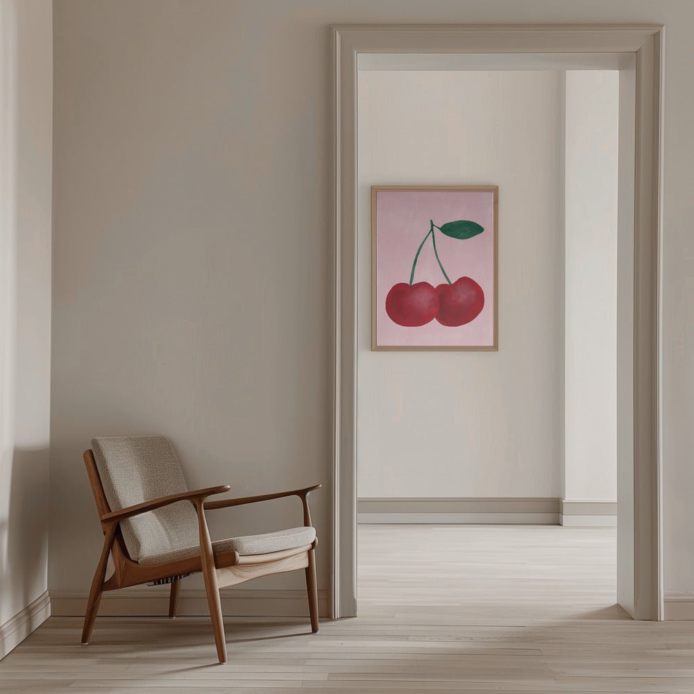 Red Cherries with a Green Leaf - Stretched Canvas, Poster or Fine Art Print - I Heart Wall Art - Poster Print, Canvas Print or Framed Art Print