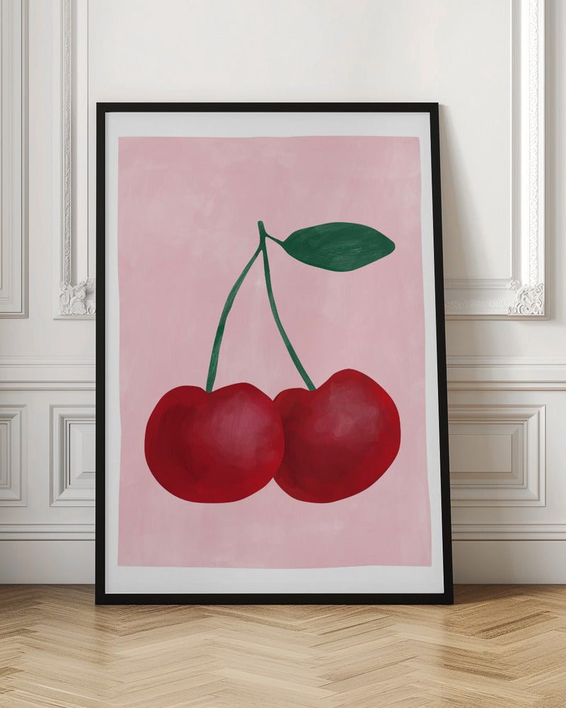 Red Cherries with a Green Leaf - Stretched Canvas, Poster or Fine Art Print - I Heart Wall Art - Poster Print, Canvas Print or Framed Art Print