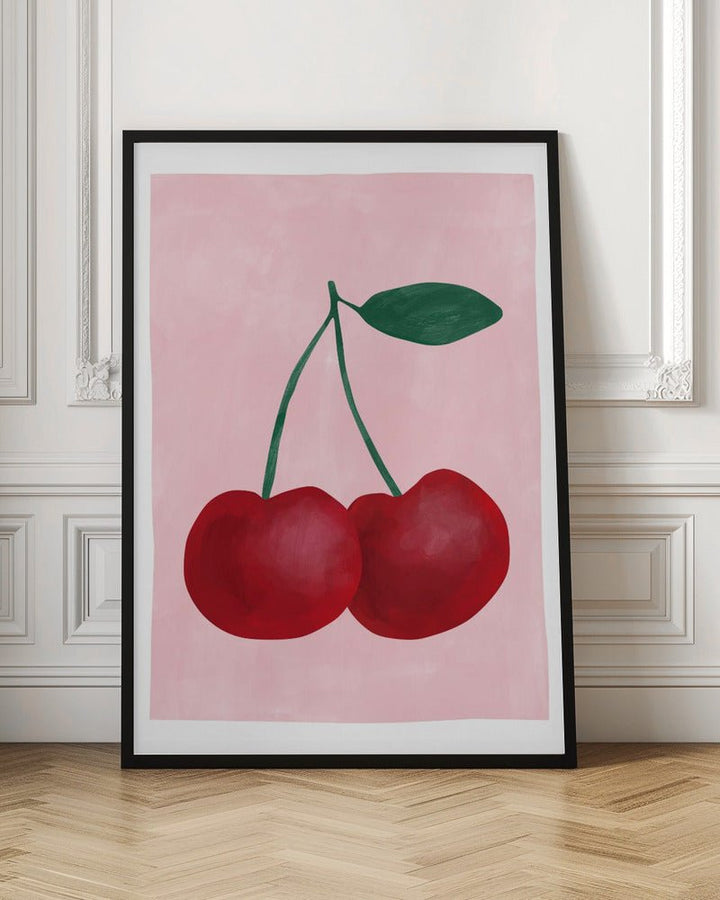 Red Cherries with a Green Leaf - Stretched Canvas, Poster or Fine Art Print - I Heart Wall Art - Poster Print, Canvas Print or Framed Art Print