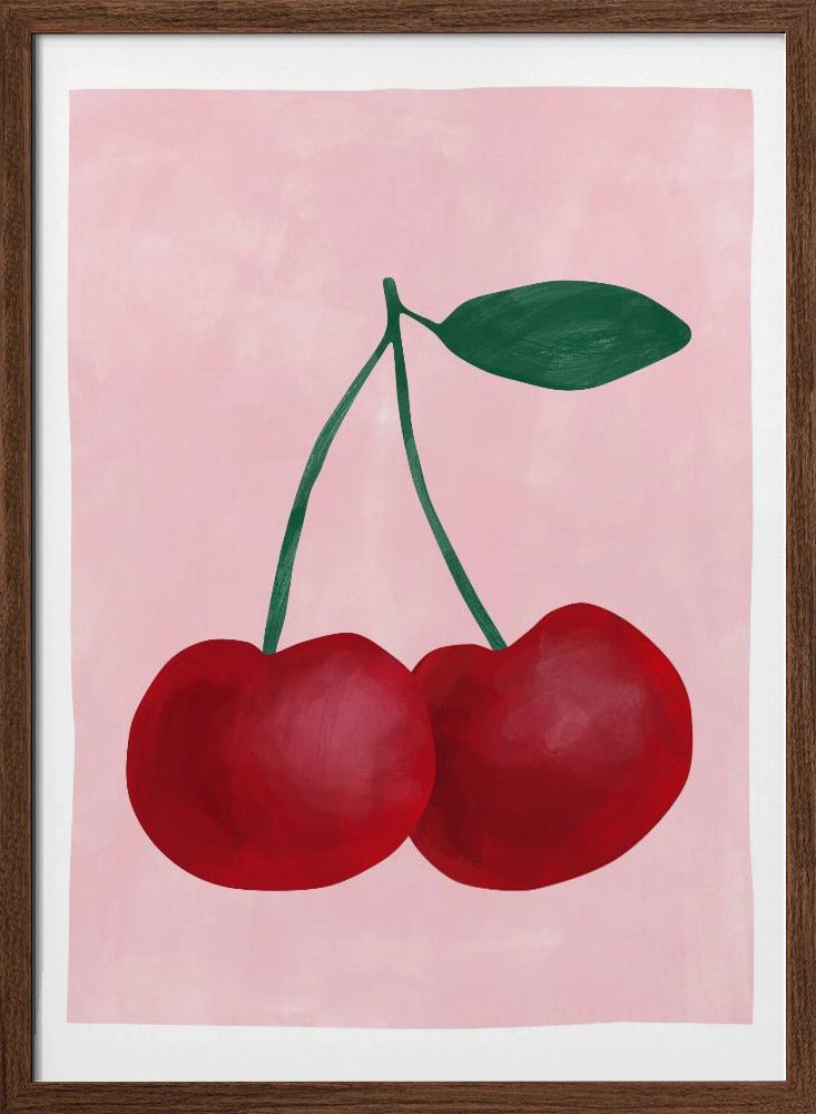 Red Cherries with a Green Leaf - Stretched Canvas, Poster or Fine Art Print - I Heart Wall Art - Poster Print, Canvas Print or Framed Art Print