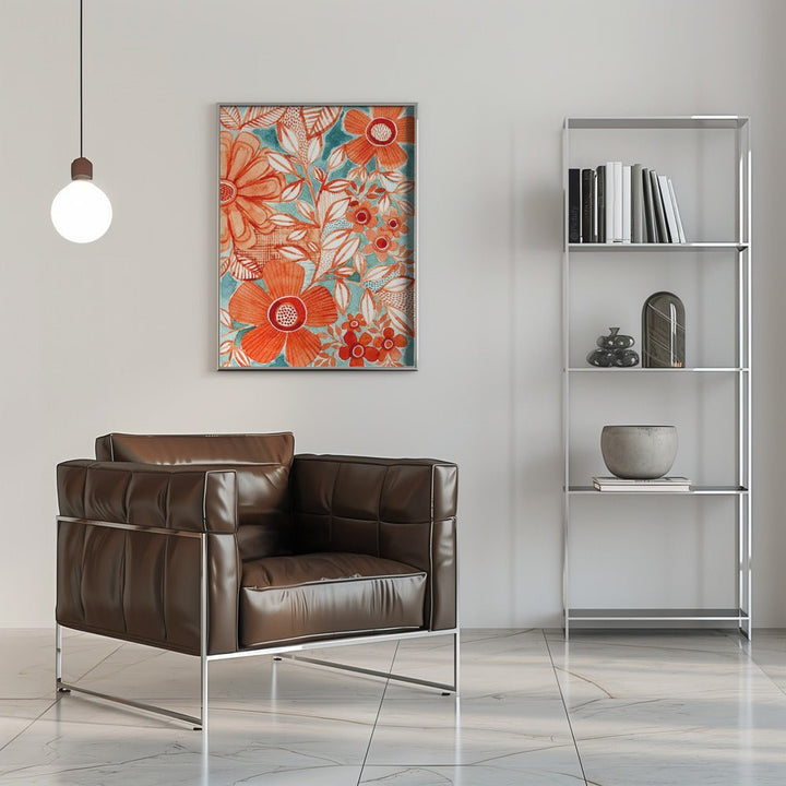 Red Daisies With Aqua - Stretched Canvas, Poster or Fine Art Print - I Heart Wall Art - Poster Print, Canvas Print or Framed Art Print