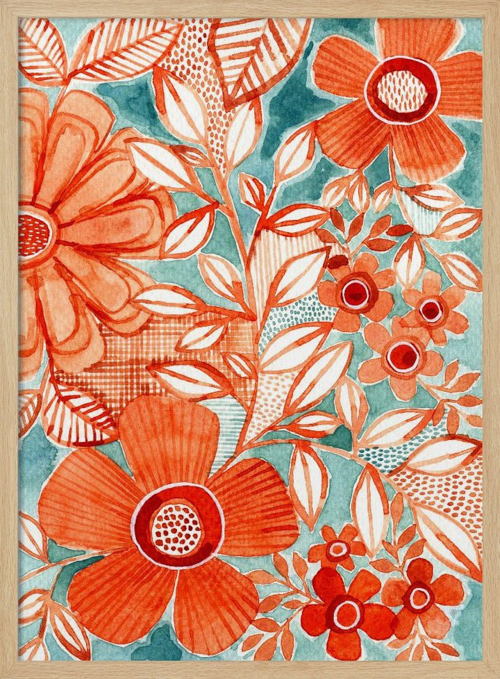 Red Daisies With Aqua - Stretched Canvas, Poster or Fine Art Print - I Heart Wall Art - Poster Print, Canvas Print or Framed Art Print