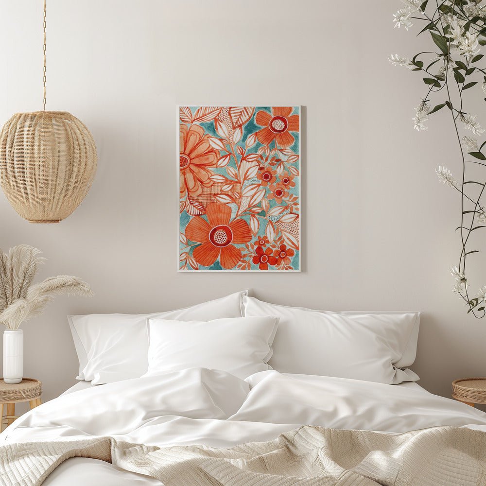 Red Daisies With Aqua - Stretched Canvas, Poster or Fine Art Print - I Heart Wall Art - Poster Print, Canvas Print or Framed Art Print