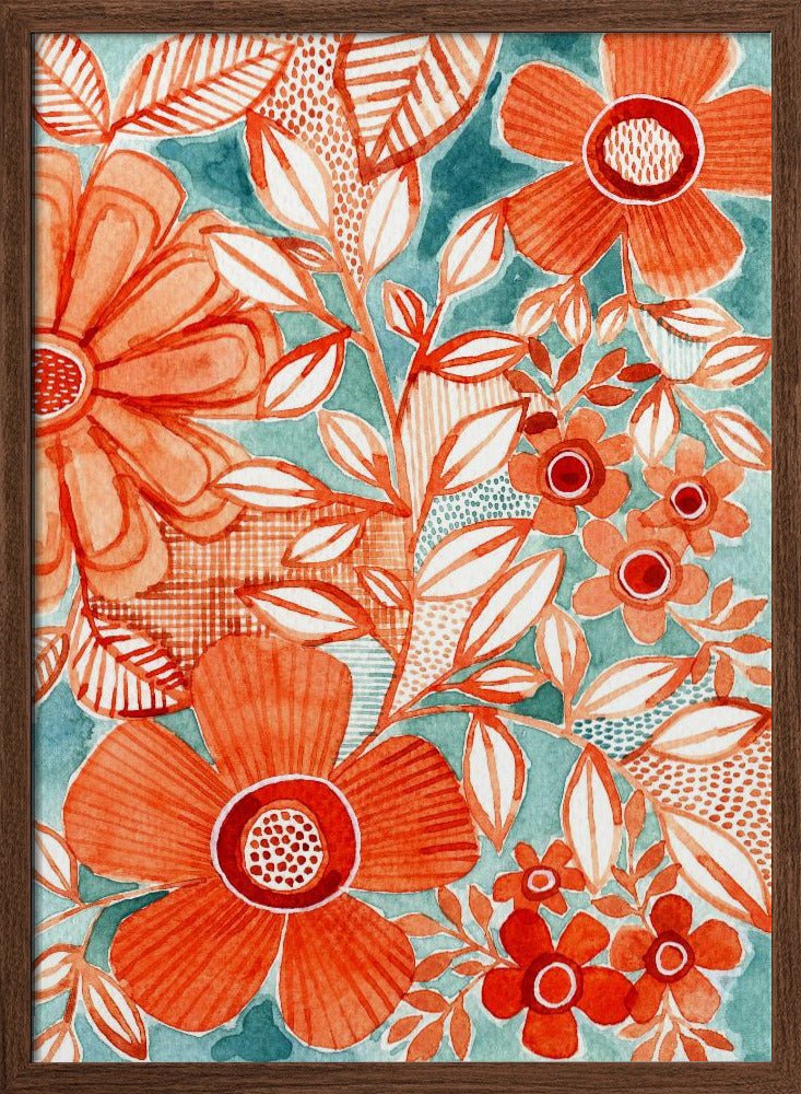 Red Daisies With Aqua - Stretched Canvas, Poster or Fine Art Print - I Heart Wall Art - Poster Print, Canvas Print or Framed Art Print