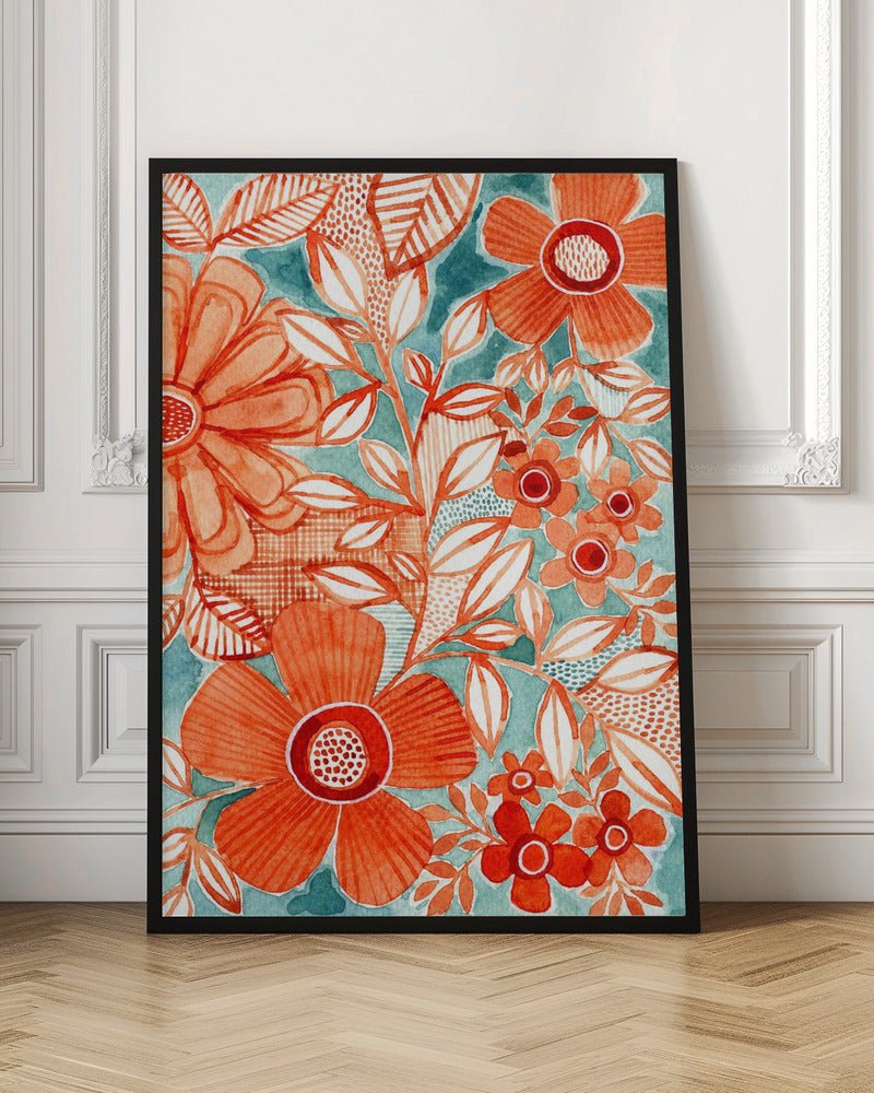 Red Daisies With Aqua - Stretched Canvas, Poster or Fine Art Print - I Heart Wall Art - Poster Print, Canvas Print or Framed Art Print