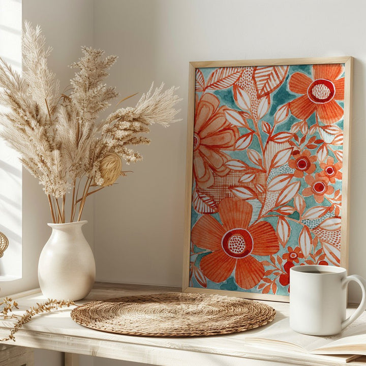 Red Daisies With Aqua - Stretched Canvas, Poster or Fine Art Print - I Heart Wall Art - Poster Print, Canvas Print or Framed Art Print
