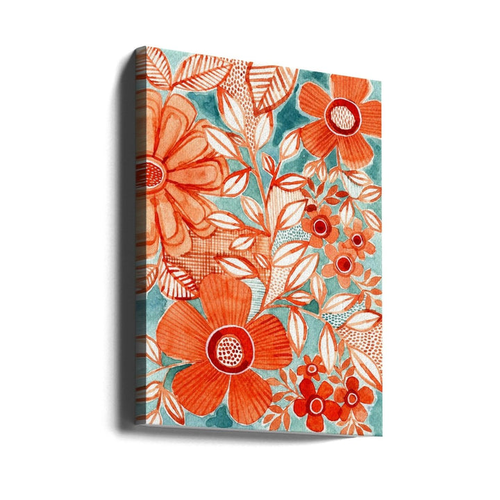 Red Daisies With Aqua - Stretched Canvas, Poster or Fine Art Print - I Heart Wall Art - Poster Print, Canvas Print or Framed Art Print