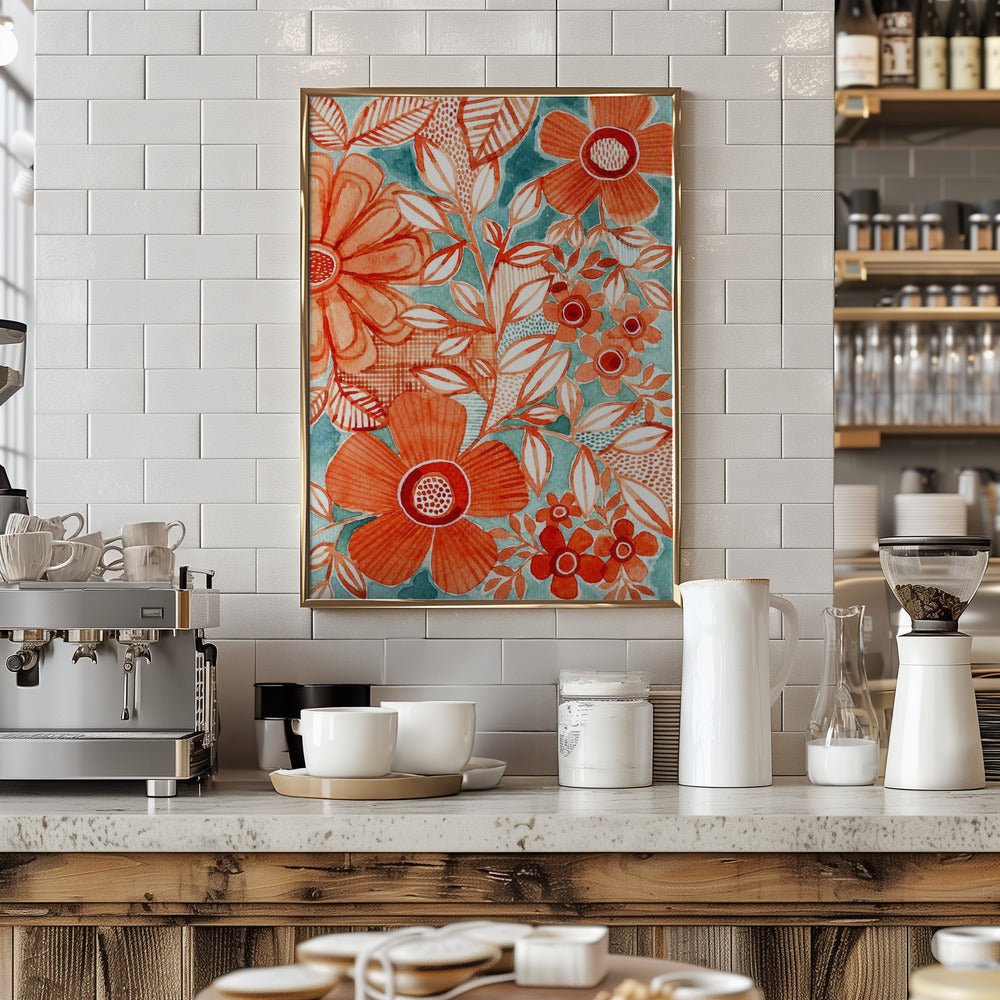 Red Daisies With Aqua - Stretched Canvas, Poster or Fine Art Print - I Heart Wall Art - Poster Print, Canvas Print or Framed Art Print