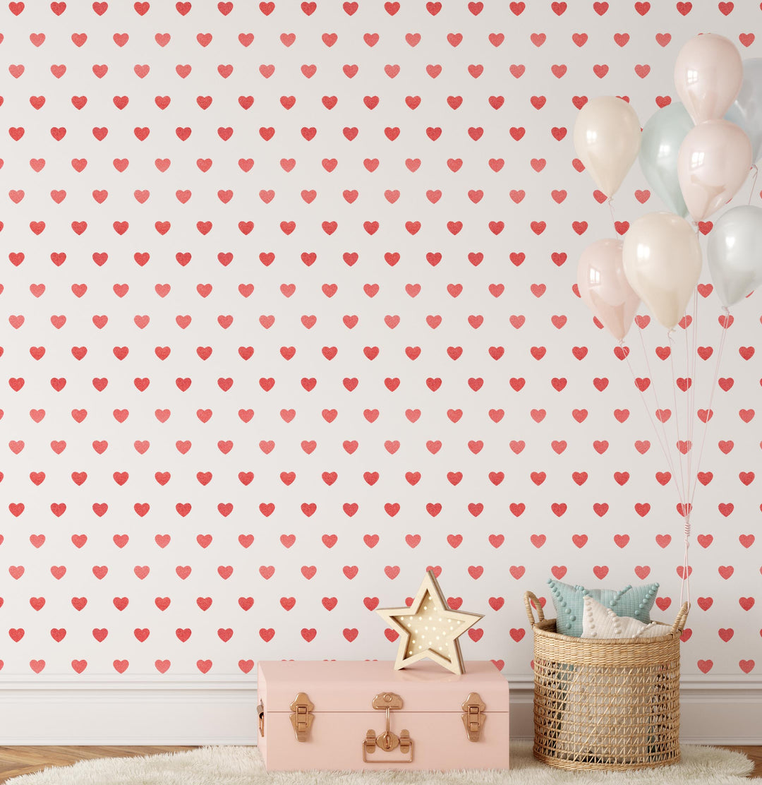 Red Glitter-Look Loveheart Wallpaper - Quality Peel and Stick Adhesive