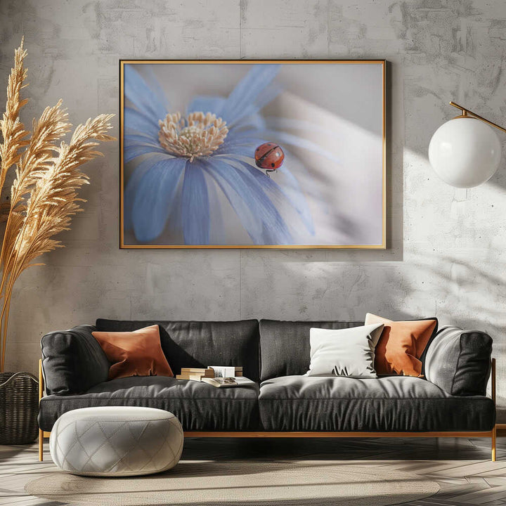 Red Ladybug Blue Flower - Floral Photographic Stretched Canvas Poster or Fine Art Print