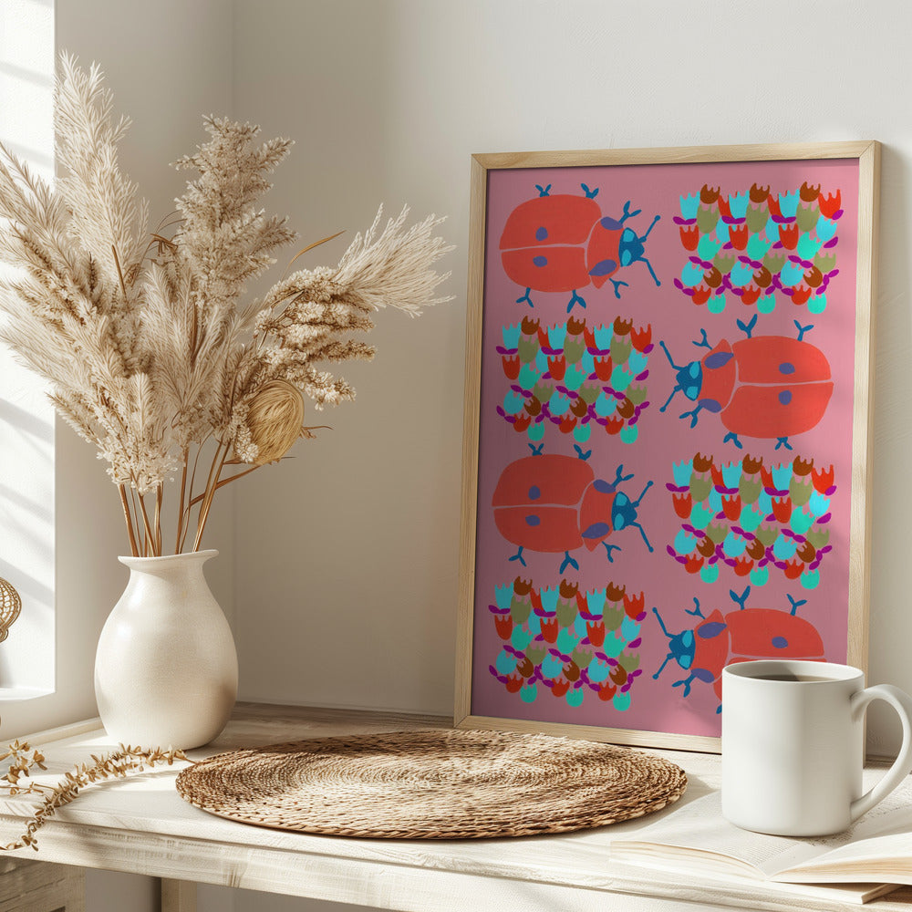 Red Ladybugs In Flowers - Stretched Canvas, Poster or Fine Art Print I Heart Wall Art
