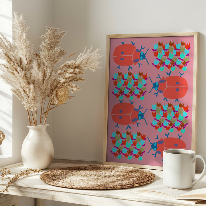 Red Ladybugs In Flowers - Stretched Canvas, Poster or Fine Art Print I Heart Wall Art
