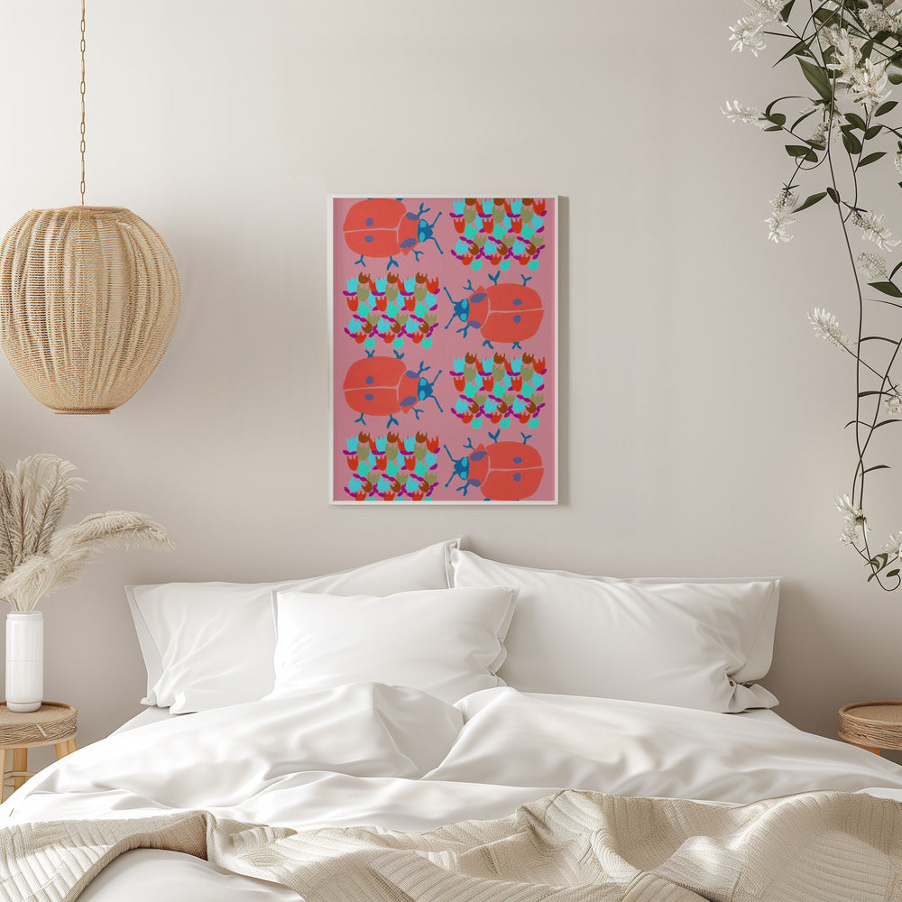 Red Ladybugs In Flowers - Stretched Canvas, Poster or Fine Art Print I Heart Wall Art