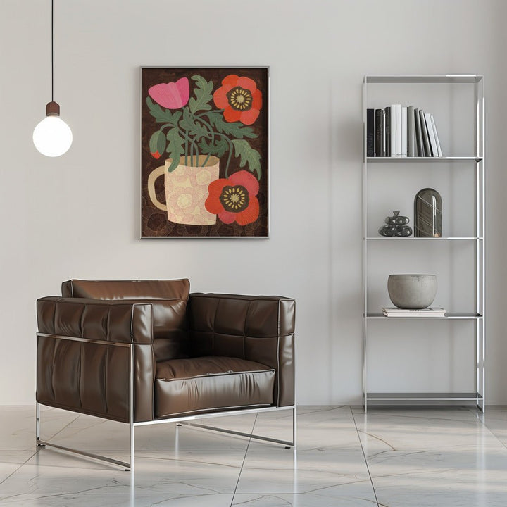 Red Poppies In A Mug - Stretched Canvas, Poster or Fine Art Print - I Heart Wall Art - Poster Print, Canvas Print or Framed Art Print