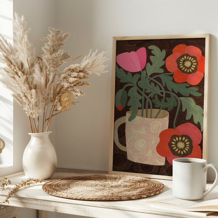 Red Poppies In A Mug - Stretched Canvas, Poster or Fine Art Print - I Heart Wall Art - Poster Print, Canvas Print or Framed Art Print