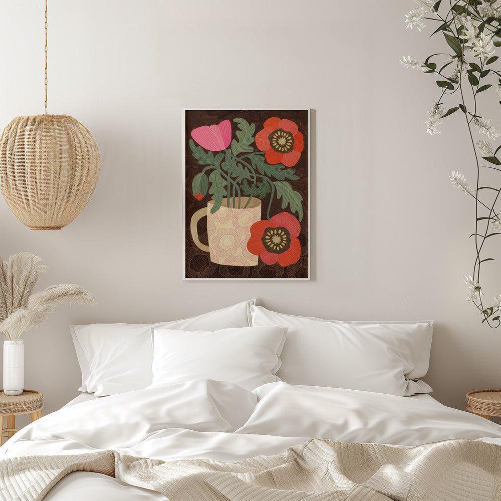 Red Poppies In A Mug - Stretched Canvas, Poster or Fine Art Print - I Heart Wall Art - Poster Print, Canvas Print or Framed Art Print