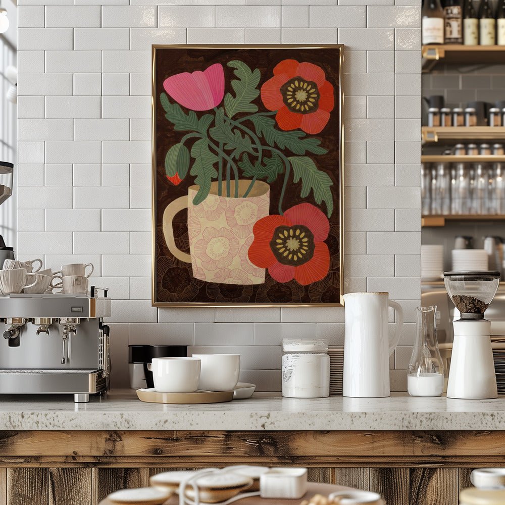 Red Poppies In A Mug - Stretched Canvas, Poster or Fine Art Print - I Heart Wall Art - Poster Print, Canvas Print or Framed Art Print
