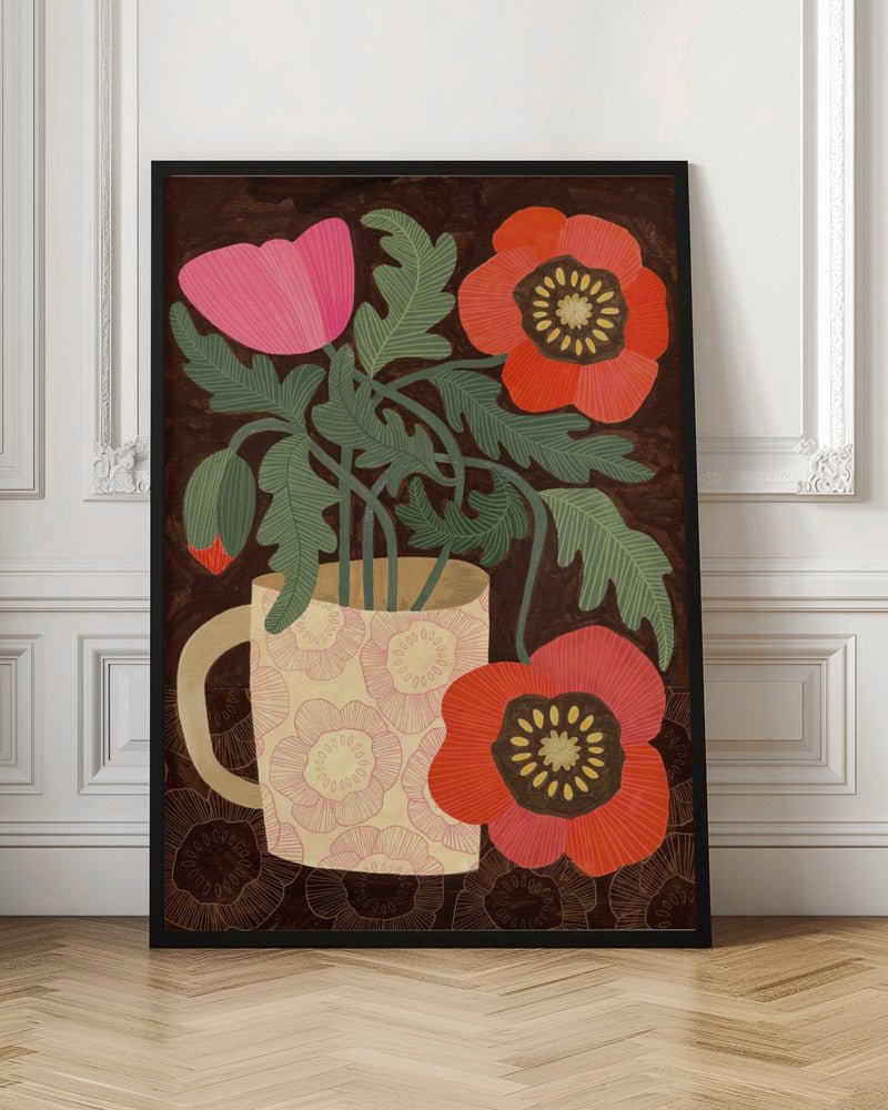 Red Poppies In A Mug - Stretched Canvas, Poster or Fine Art Print - I Heart Wall Art - Poster Print, Canvas Print or Framed Art Print