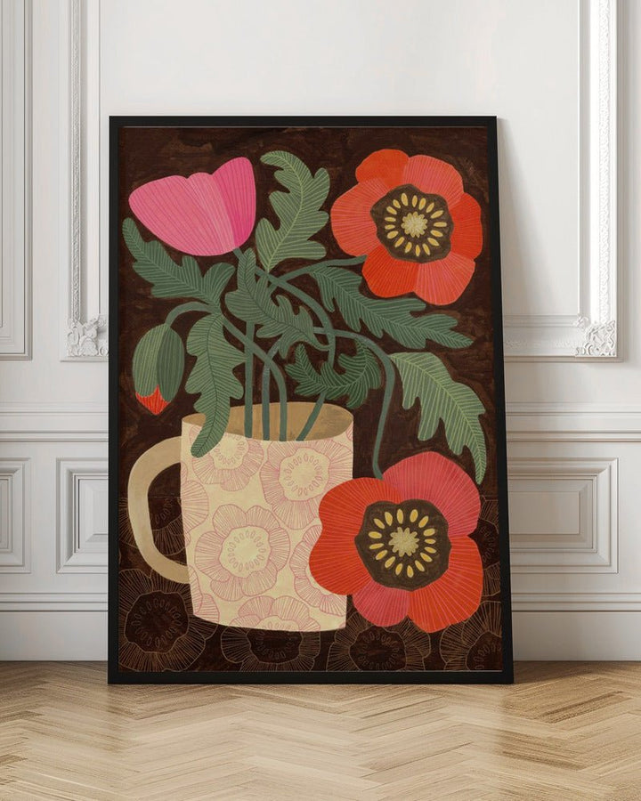 Red Poppies In A Mug - Stretched Canvas, Poster or Fine Art Print - I Heart Wall Art - Poster Print, Canvas Print or Framed Art Print