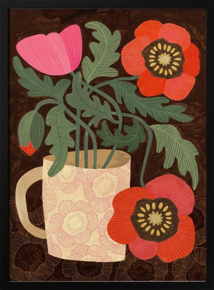 Red Poppies In A Mug - Stretched Canvas, Poster or Fine Art Print - I Heart Wall Art - Poster Print, Canvas Print or Framed Art Print